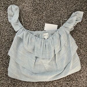 Misa Plaid Blue Off the Shoulder crop top